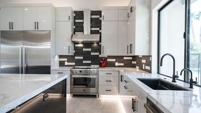 kitchen with light stone countertops, white cabinets, high quality appliances, and sink