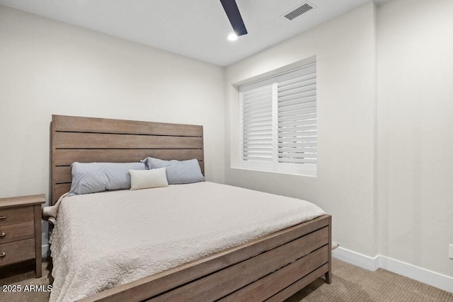 bedroom with ceiling fan, visible vents, baseboards, carpet, and recessed lighting
