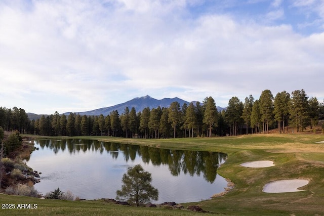 property view of water featuring a mountain view and a wooded view