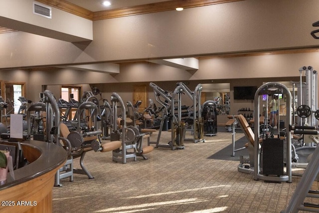 workout area with crown molding, visible vents, and carpet
