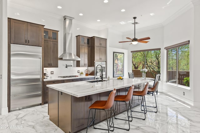 30600 N Pima Rd N Unit 81, Scottsdale, AZ 85266 - kitchen with built in refrigerator, a sink, wall chimney exhaust hood, light marble finish flooring, and a ceiling fan