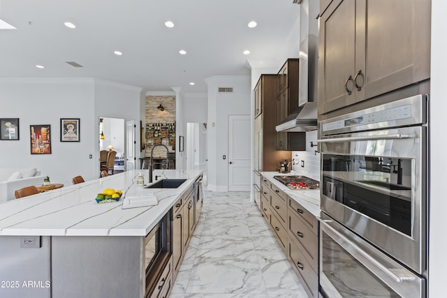 30600 N Pima Rd N Unit 81, Scottsdale, AZ 85266 - kitchen with appliances with stainless steel finishes, a sink, crown molding, a large island with sink, and exhaust hood