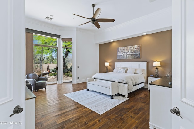 30600 N Pima Rd N Unit 81, Scottsdale, AZ 85266 - bedroom with dark wood-type flooring, ornamental molding, baseboards, access to exterior, and a ceiling fan