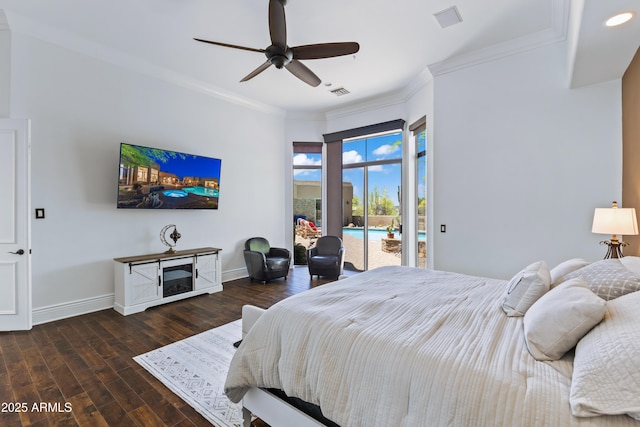 30600 N Pima Rd N Unit 81, Scottsdale, AZ 85266 - bedroom with access to outside, ornamental molding, baseboards, wood finished floors, and a ceiling fan