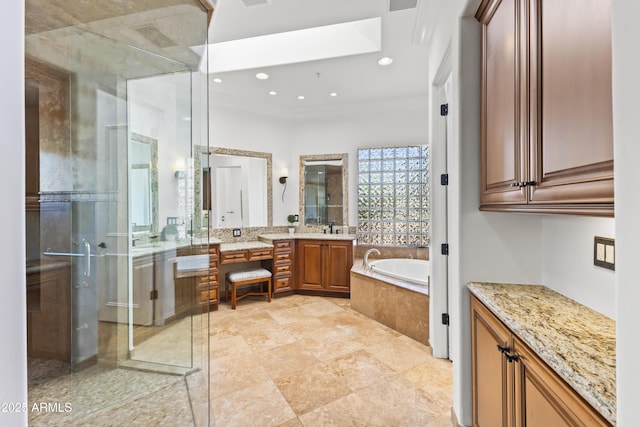 30600 N Pima Rd N Unit 81, Scottsdale, AZ 85266 - bathroom featuring vanity, a garden tub, a shower stall, crown molding, and recessed lighting