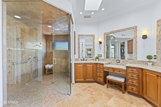 30600 N Pima Rd N Unit 81, Scottsdale, AZ 85266 - full bathroom with a shower stall, vanity, a skylight, crown molding, and recessed lighting