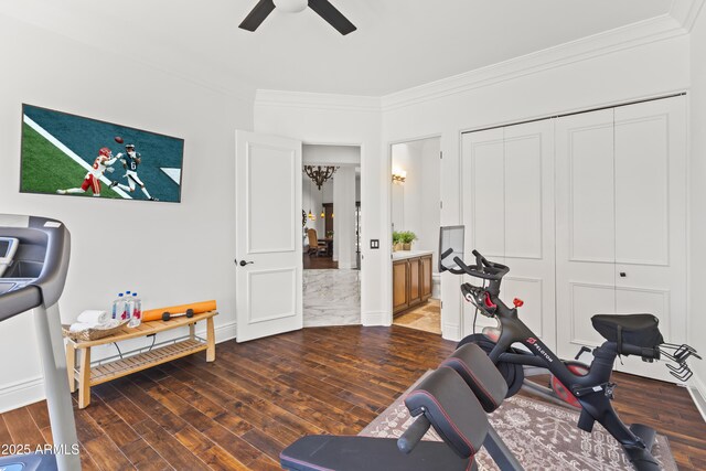 30600 N Pima Rd N Unit 81, Scottsdale, AZ 85266 - workout room featuring wood finished floors, crown molding, a ceiling fan, and baseboards