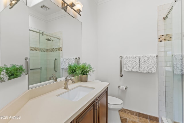 30600 N Pima Rd N Unit 81, Scottsdale, AZ 85266 - bathroom with a shower stall, toilet, crown molding, vanity, and stone tile flooring