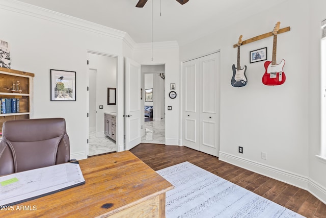 30600 N Pima Rd N Unit 81, Scottsdale, AZ 85266 - office area featuring ceiling fan, wood finished floors, baseboards, and crown molding
