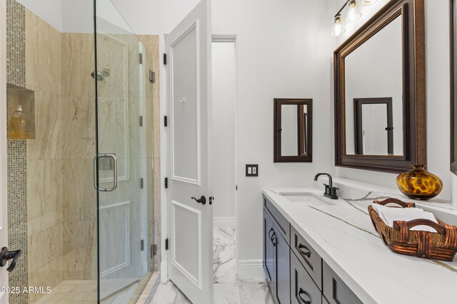 30600 N Pima Rd N Unit 81, Scottsdale, AZ 85266 - bathroom featuring marble look tile flooring, a stall shower, vanity, and baseboards