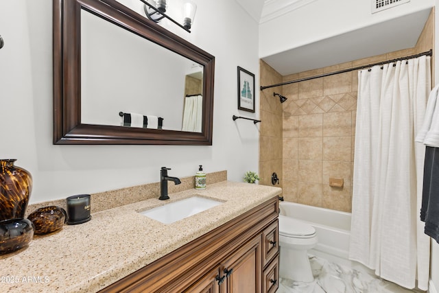 30600 N Pima Rd N Unit 81, Scottsdale, AZ 85266 - bathroom with marble finish floors, shower / bathtub combination with curtain, vanity, and toilet