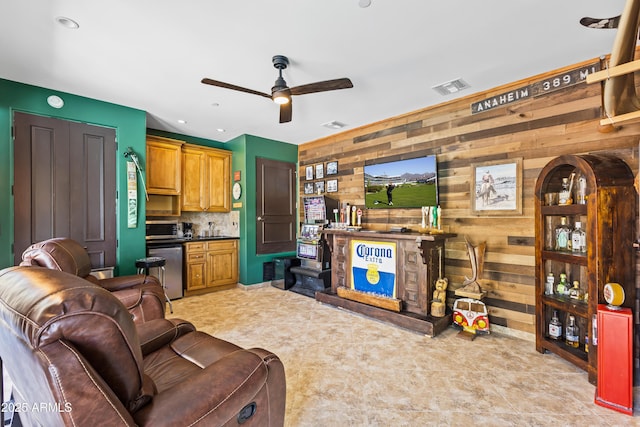 30600 N Pima Rd N Unit 81, Scottsdale, AZ 85266 - living room with wooden walls and a ceiling fan