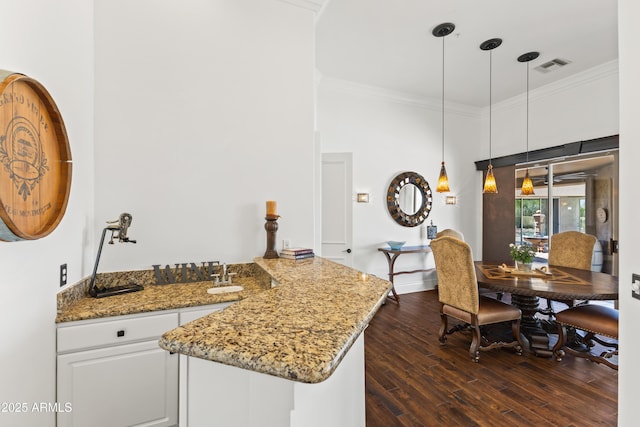 30600 N Pima Rd N Unit 81, Scottsdale, AZ 85266 - kitchen with dark wood-style flooring, ornamental molding, light stone countertops, a peninsula, and decorative light fixtures