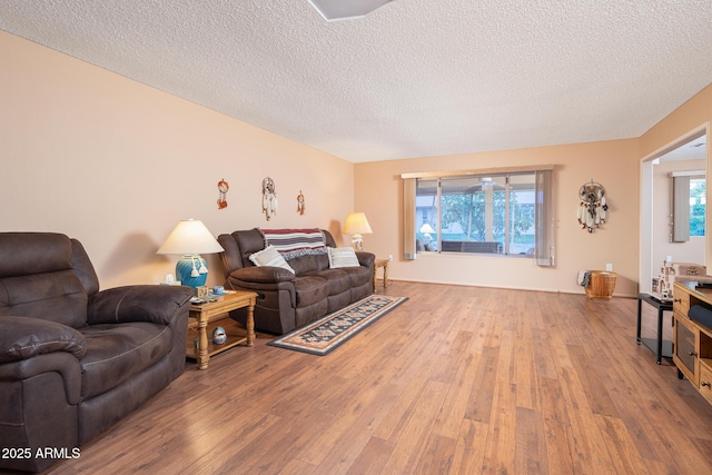 living room with hardwood / wood-style floors and a textured ceiling