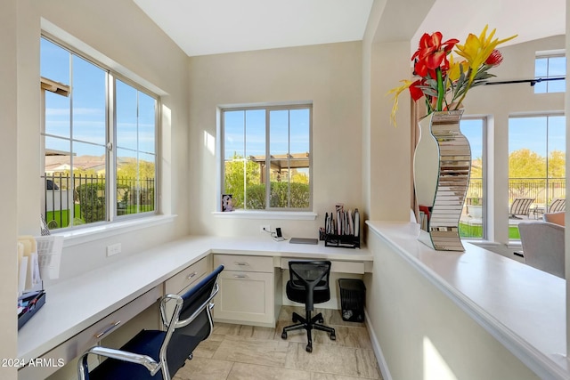 home office with plenty of natural light and built in desk