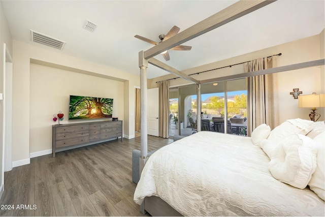 bedroom with ceiling fan, wood-type flooring, and access to outside