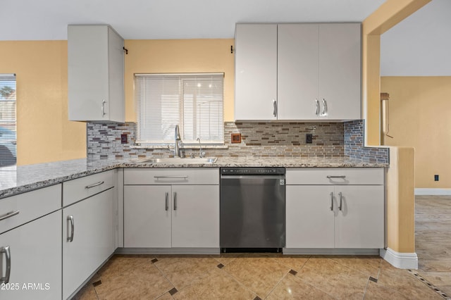 kitchen with white cabinets, dishwasher, a sink, and light stone countertops