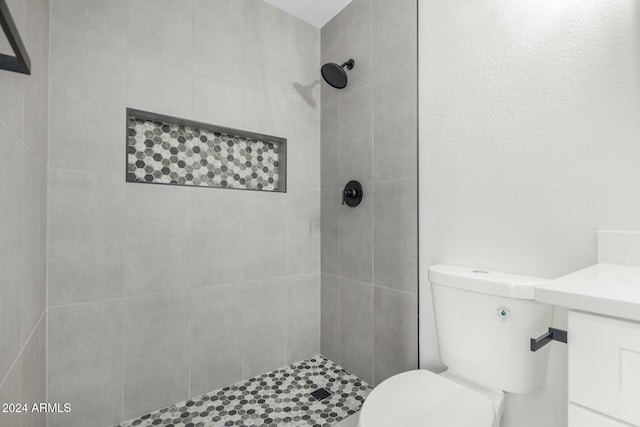 bathroom with a tile shower and toilet