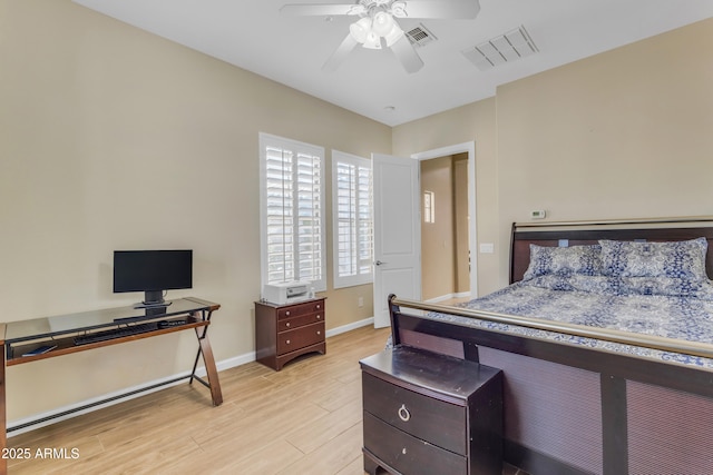 bedroom with ceiling fan and light hardwood / wood-style floors