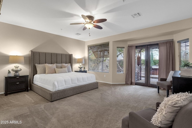 carpeted bedroom featuring access to outside and ceiling fan