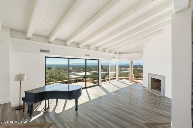 interior space with lofted ceiling with beams