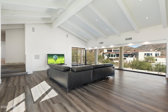 living room featuring beam ceiling, wooden ceiling, high vaulted ceiling, and dark wood-type flooring