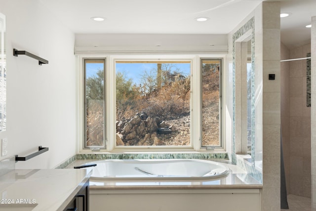 bathroom with shower with separate bathtub and vanity