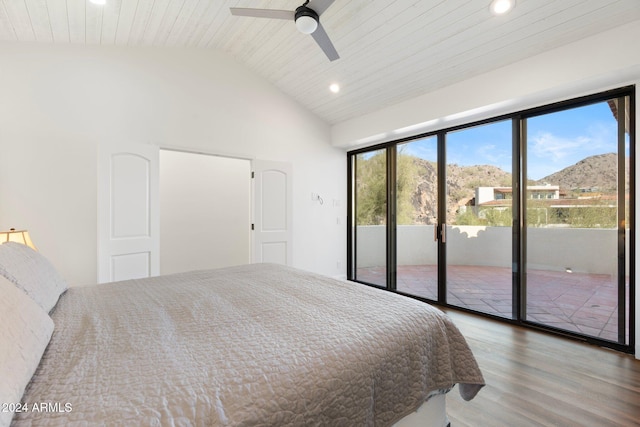 bedroom with access to exterior, ceiling fan, wooden ceiling, lofted ceiling, and hardwood / wood-style flooring