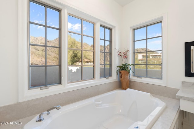 bathroom with a tub to relax in and plenty of natural light