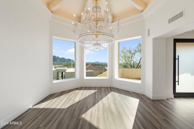 unfurnished dining area with beamed ceiling, dark wood-type flooring, high vaulted ceiling, and an inviting chandelier