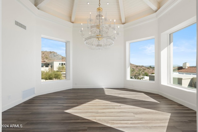 unfurnished dining area with beamed ceiling, dark hardwood / wood-style floors, high vaulted ceiling, and a notable chandelier