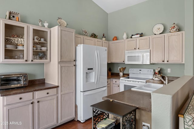 kitchen with dark hardwood / wood-style flooring, sink, and white appliances