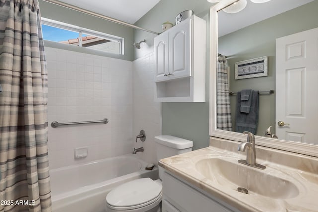 full bathroom with vanity, toilet, and shower / tub combo with curtain