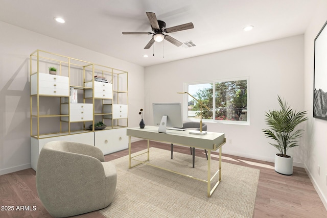 office area with a ceiling fan, recessed lighting, and wood finished floors