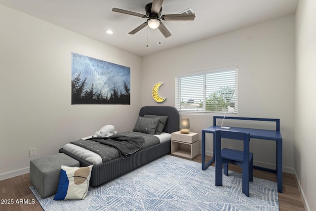 bedroom featuring recessed lighting, baseboards, visible vents, and wood finished floors