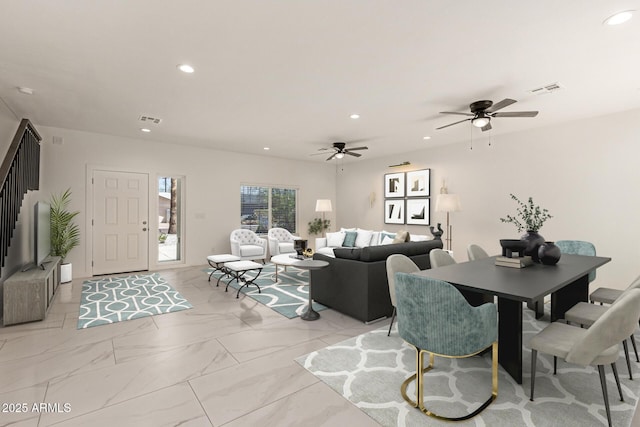 dining room with recessed lighting, stairs, ceiling fan, and visible vents