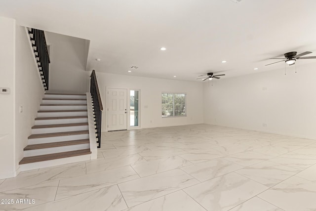 interior space featuring recessed lighting, ceiling fan, stairway, and marble finish floor