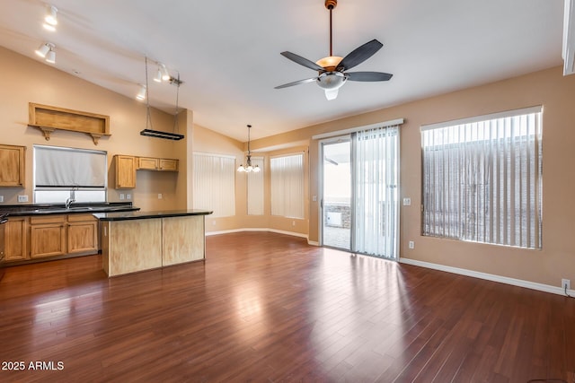 kitchen with sink, dark hardwood / wood-style floors, ceiling fan with notable chandelier, vaulted ceiling, and decorative light fixtures