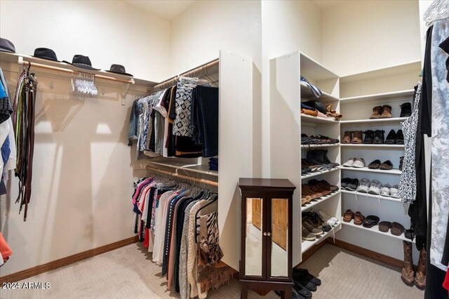 walk in closet with light colored carpet