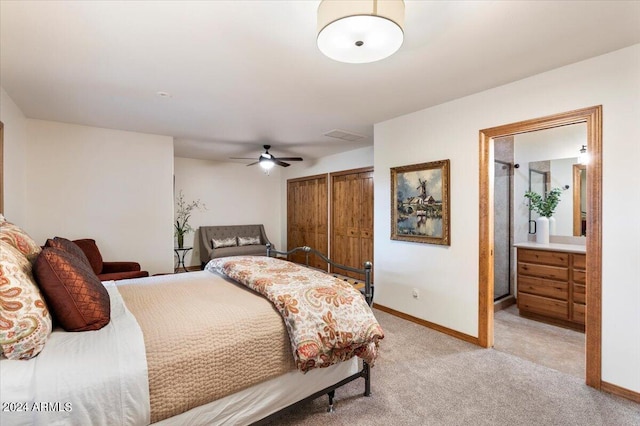 bedroom with light carpet and ceiling fan