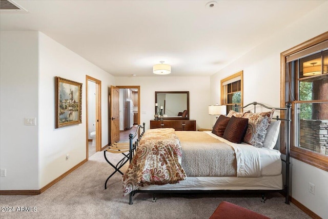 carpeted bedroom with connected bathroom