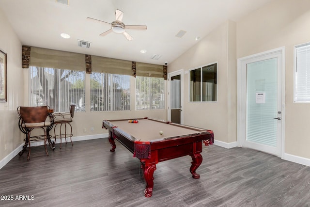 11375 E Sahuaro Dr Unit 1062, Scottsdale, AZ 85259 - game room featuring ceiling fan, wood finished floors, billiards, baseboards, and lofted ceiling