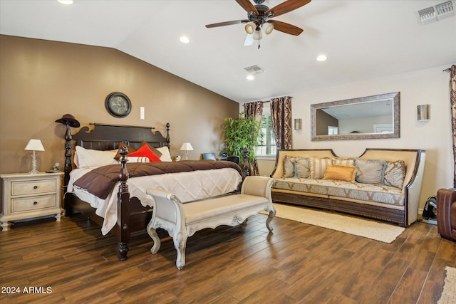 bedroom with lofted ceiling, ceiling fan, and dark hardwood / wood-style floors