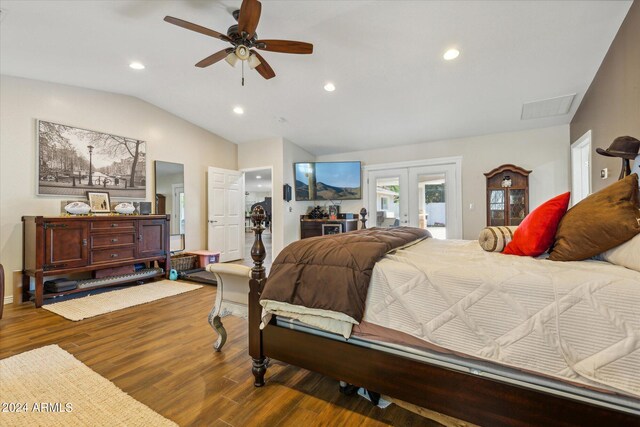 bedroom featuring ceiling fan, wood-type flooring, vaulted ceiling, access to outside, and french doors