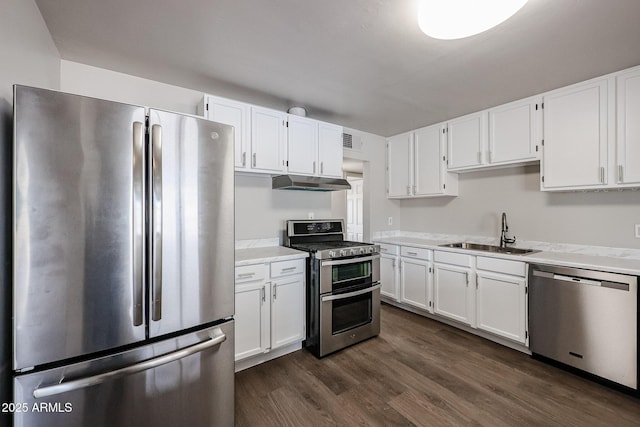 kitchen featuring sink, white cabinets, stainless steel appliances, and dark hardwood / wood-style floors