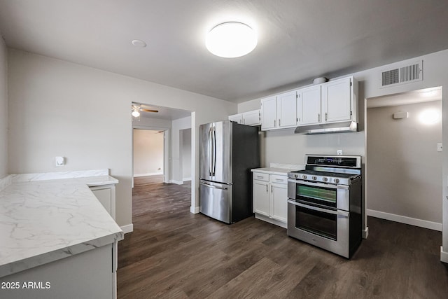 kitchen with ceiling fan, dark wood-type flooring, kitchen peninsula, white cabinets, and appliances with stainless steel finishes