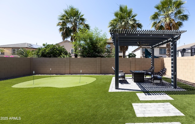 view of yard with a pergola and a patio area