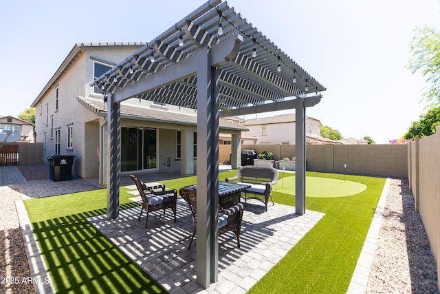 rear view of property with an outdoor hangout area, a pergola, and a patio area