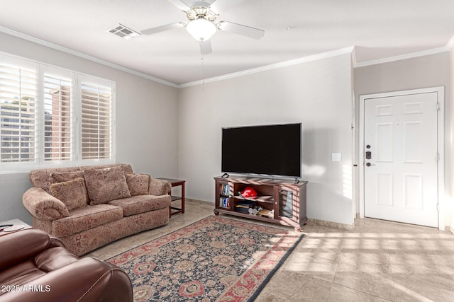 living room with crown molding and ceiling fan