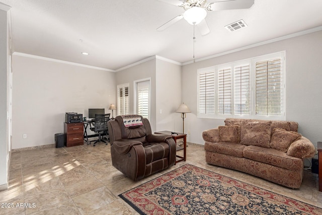 living room with crown molding and ceiling fan